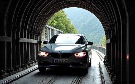 A car slowly driving onto the Lötschberg car train, with the train's entrance visible and mountain tunnels in the background, signifying efficient travel.