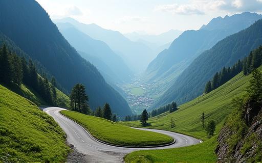 A serene, lesser-known mountain pass in Switzerland, with a winding road and lush green valleys, suggesting a hidden gem for travelers.