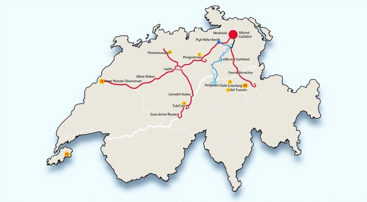 An illustrative map of Switzerland, clearly highlighting the locations of major toll tunnels and car train routes, providing a visual guide for travelers.