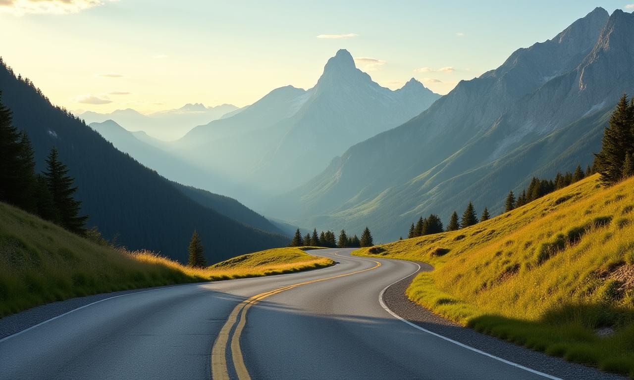 A winding road through the Swiss Alps with majestic mountains in the background, bathed in golden sunlight.