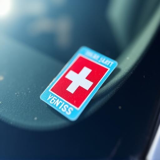 Close-up of a Swiss vignette sticker clearly affixed to a car windshield, showing its distinct design.