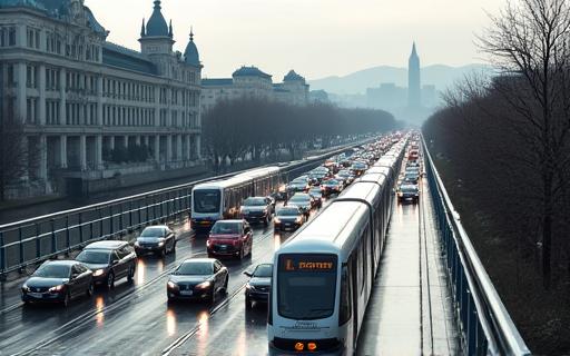 Bustling traffic on a modern bridge in the cityscape of Zurich, with a mix of cars and trams, illustrating urban driving conditions.